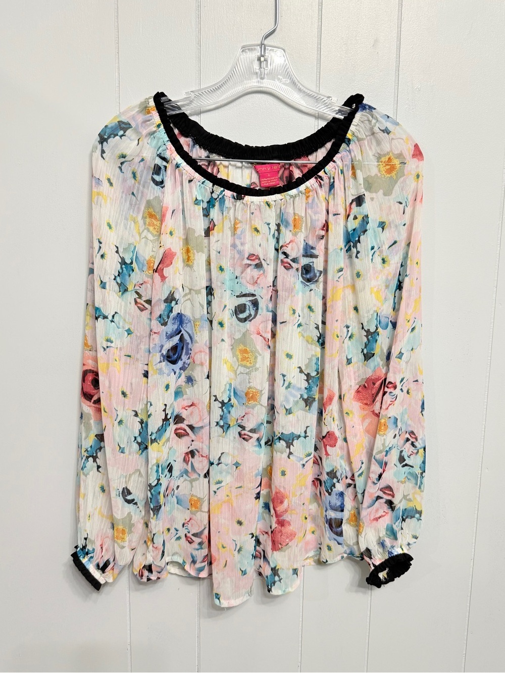 #18)  Sunny Leigh Floral  Blouse in White with Blue, Pink, Yellow Accents